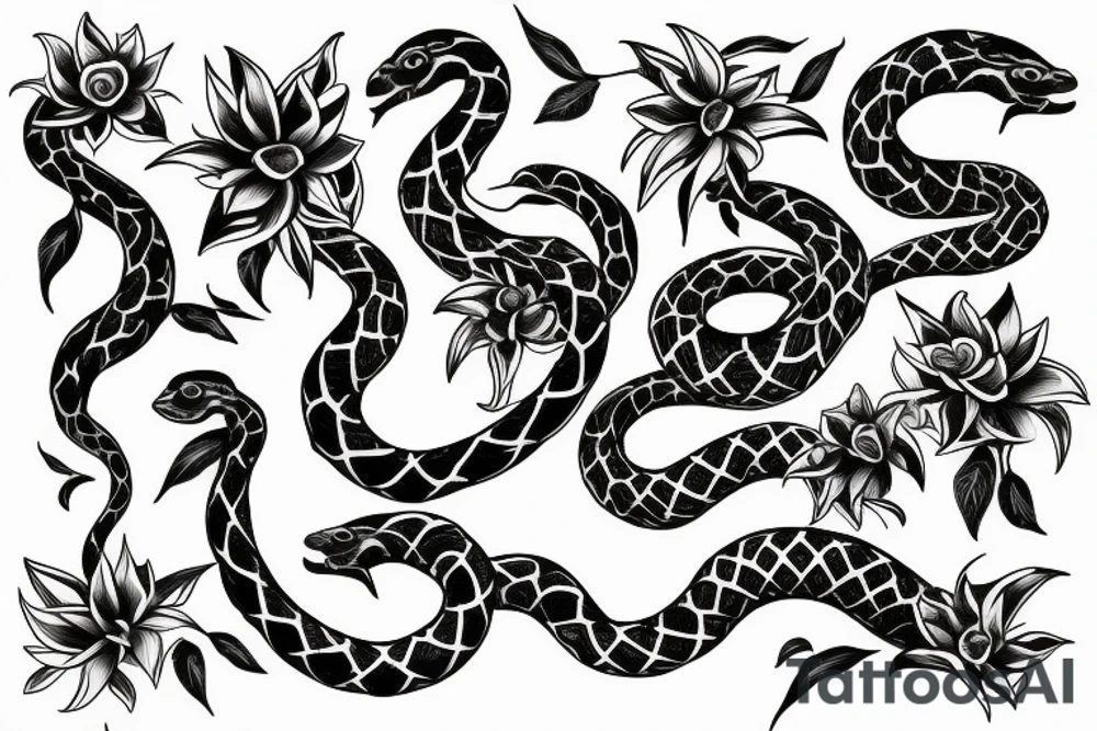 Snake with 3 flower tattoo idea