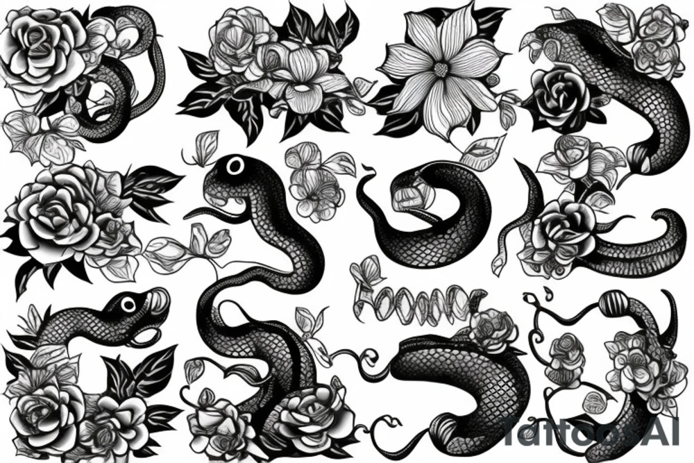 Snake with 3 flower tattoo idea