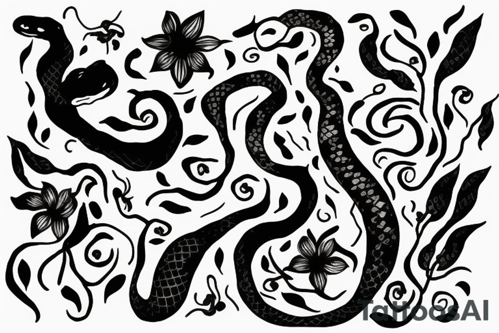 Snake with 3 flower tattoo idea