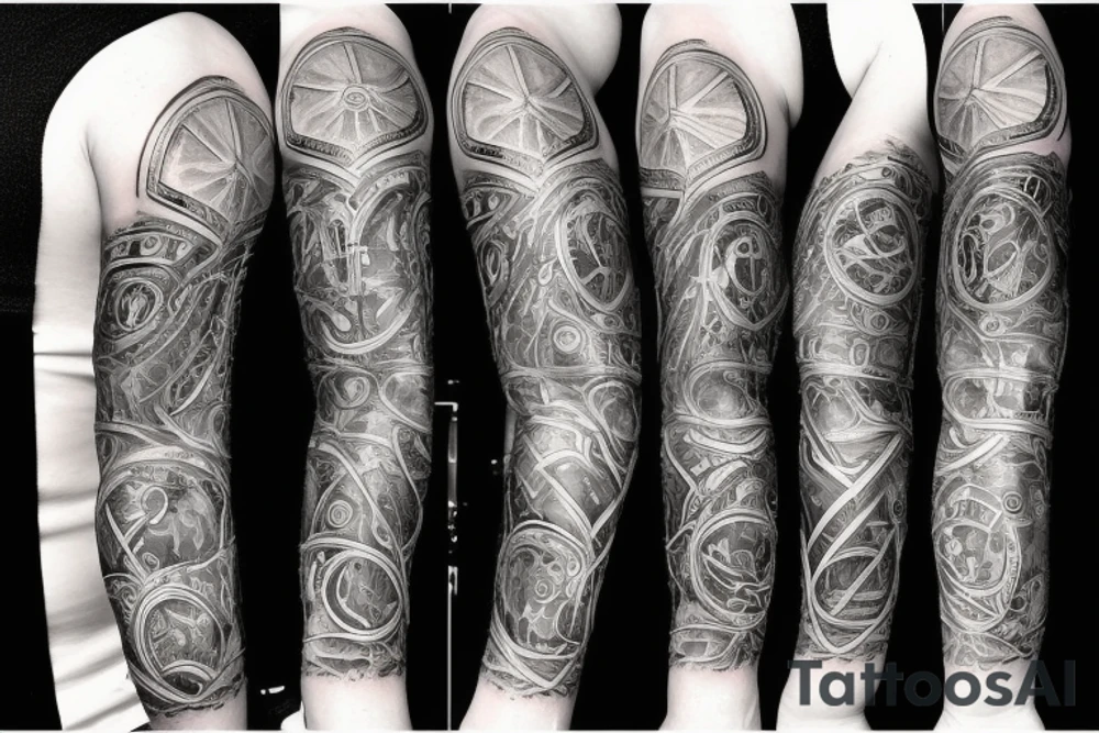 multiple clock and gear sleeve tattoo idea
