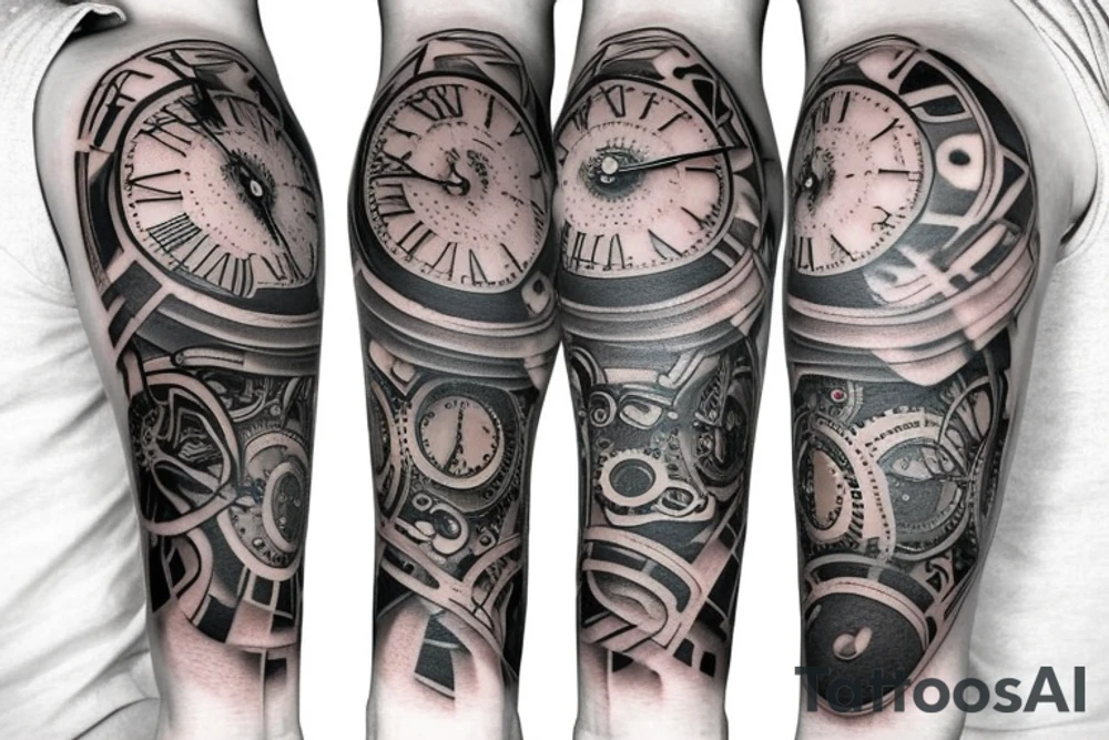 multiple clock and gear sleeve tattoo idea