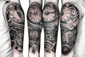 multiple clock and gear sleeve tattoo idea