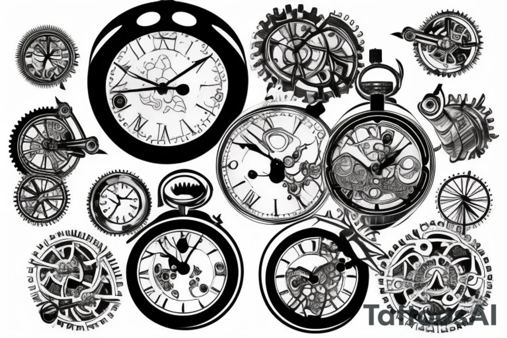 multiple clock and gears tattoo idea