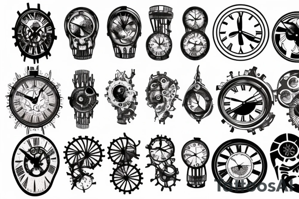 multiple clock and gears tattoo idea