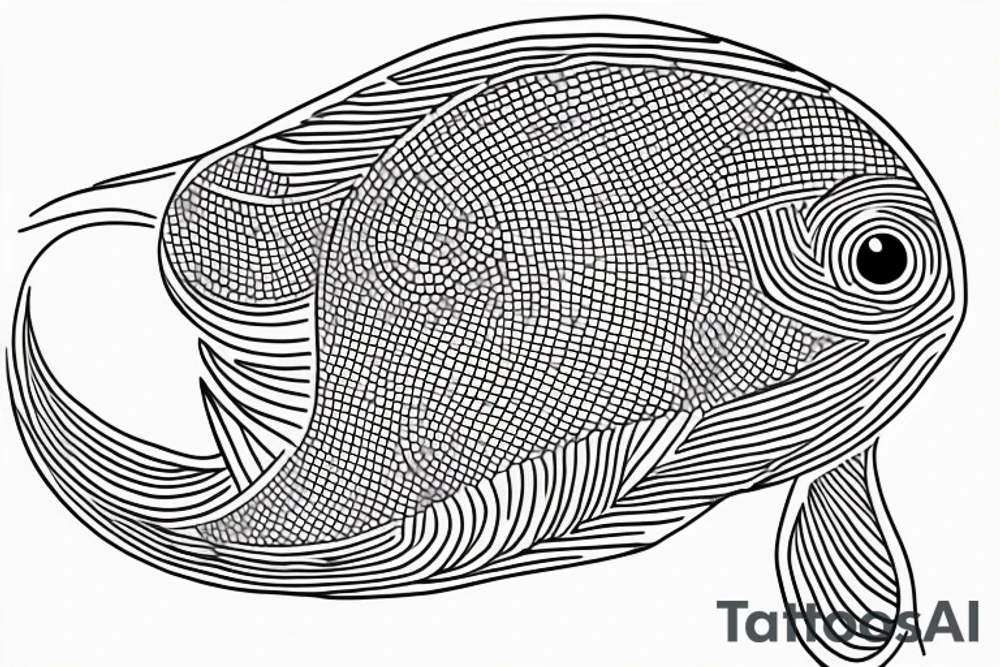 a single line artwork of a fish at the base of an oak tree tattoo idea