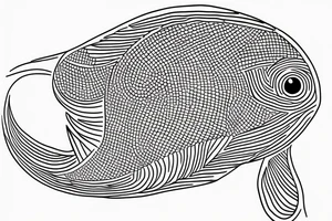 a single line artwork of a fish at the base of an oak tree tattoo idea