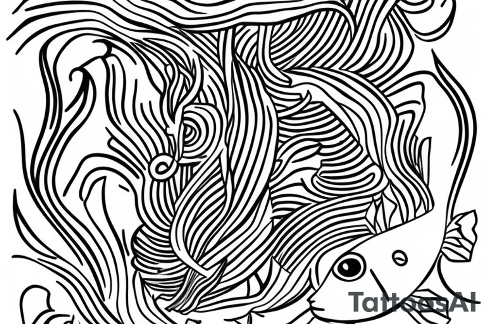 a single-line artwork of a fish at the base of an oak tree tattoo idea