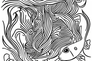 a single-line artwork of a fish at the base of an oak tree tattoo idea