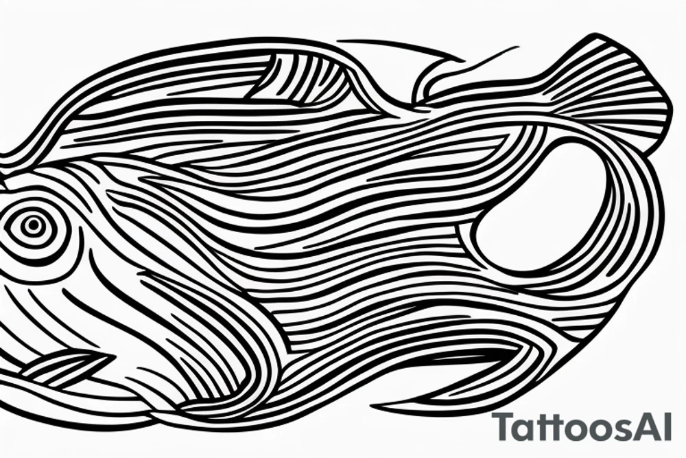 a single-line artwork of a fish at the base of an oak tree tattoo idea
