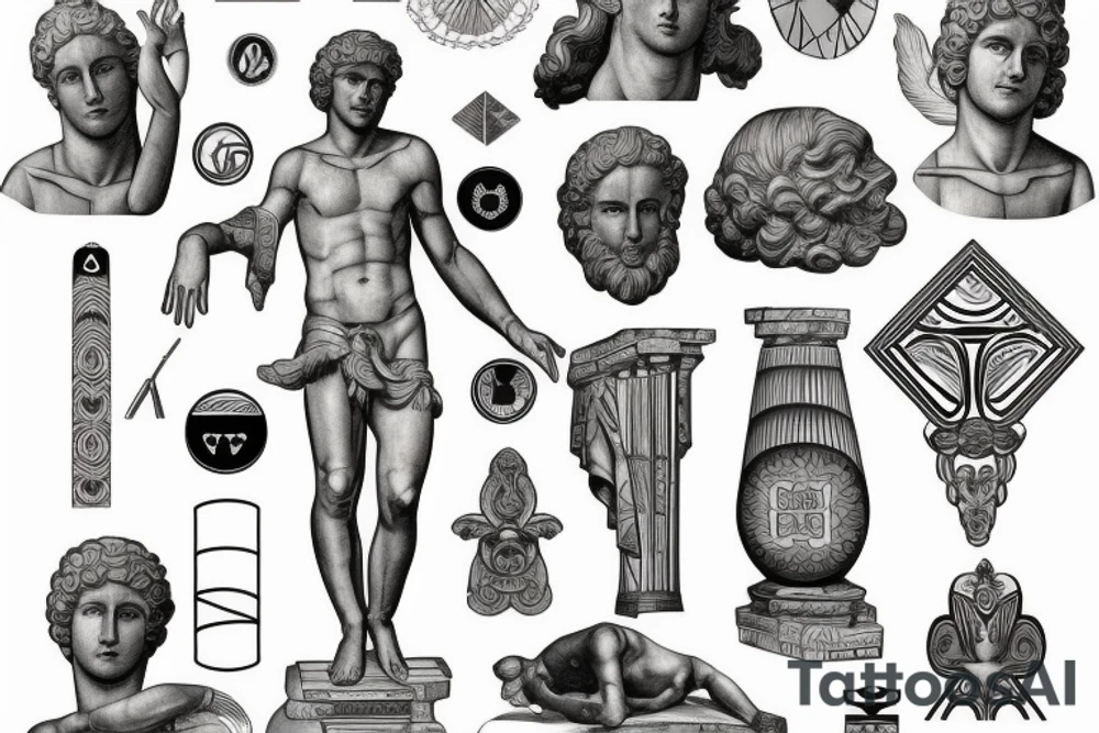 Realistic Statue of the Roman god Mars with geometric art/symbols around tattoo idea