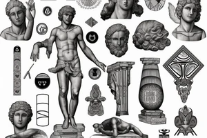Realistic Statue of the Roman god Mars with geometric art/symbols around tattoo idea