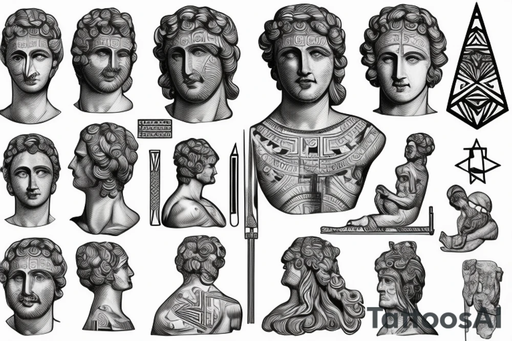 Realistic Statue of the Roman god Mars with geometric art/symbols around tattoo idea