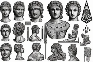 Realistic Statue of the Roman god Mars with geometric art/symbols around tattoo idea