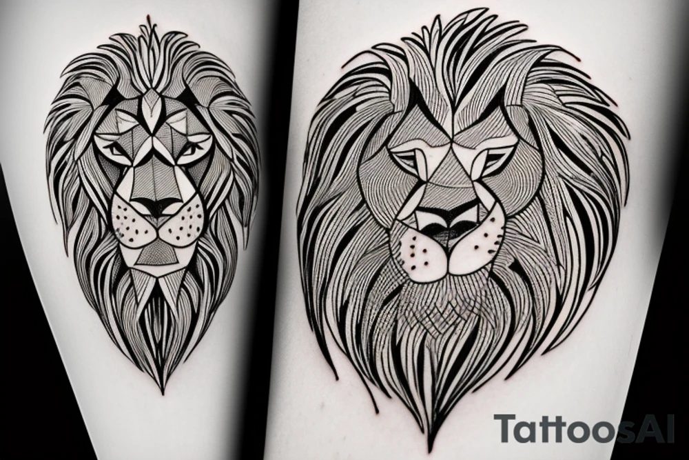 The tattoo design features a lion's head, crafted with sharp, angular lines and shapes to create a unique, modern look. The mane of the lion is made up of intersecting lines, giving it a stylized and abstract feel. The eyes of the lion are intricately shaded, providing depth and dimension to the tattoo.

This custom tattoo is designed to be done in black ink and can be placed on the upper arm, chest, or back. As a tattoo artist, I can work with you to modify the design and make it a truly personalized piece of art. tattoo idea