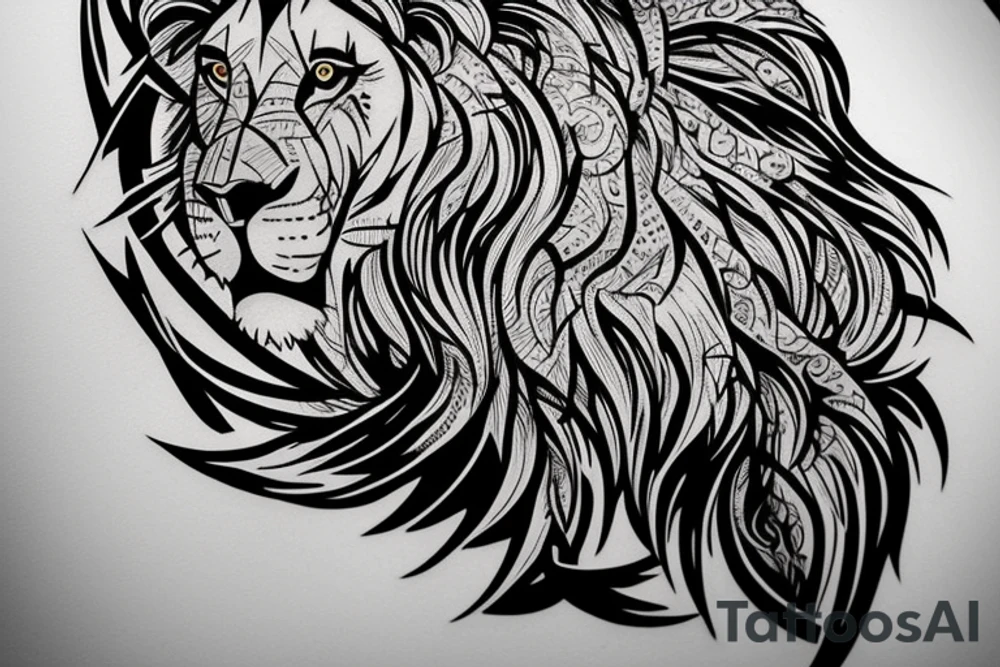 The tattoo design features a lion's head, crafted with sharp, angular lines and shapes to create a unique, modern look. The mane of the lion is made up of intersecting lines, giving it a stylized and abstract feel. The eyes of the lion are intricately shaded, providing depth and dimension to the tattoo.

This custom tattoo is designed to be done in black ink and can be placed on the upper arm, chest, or back. As a tattoo artist, I can work with you to modify the design and make it a truly personalized piece of art. tattoo idea
