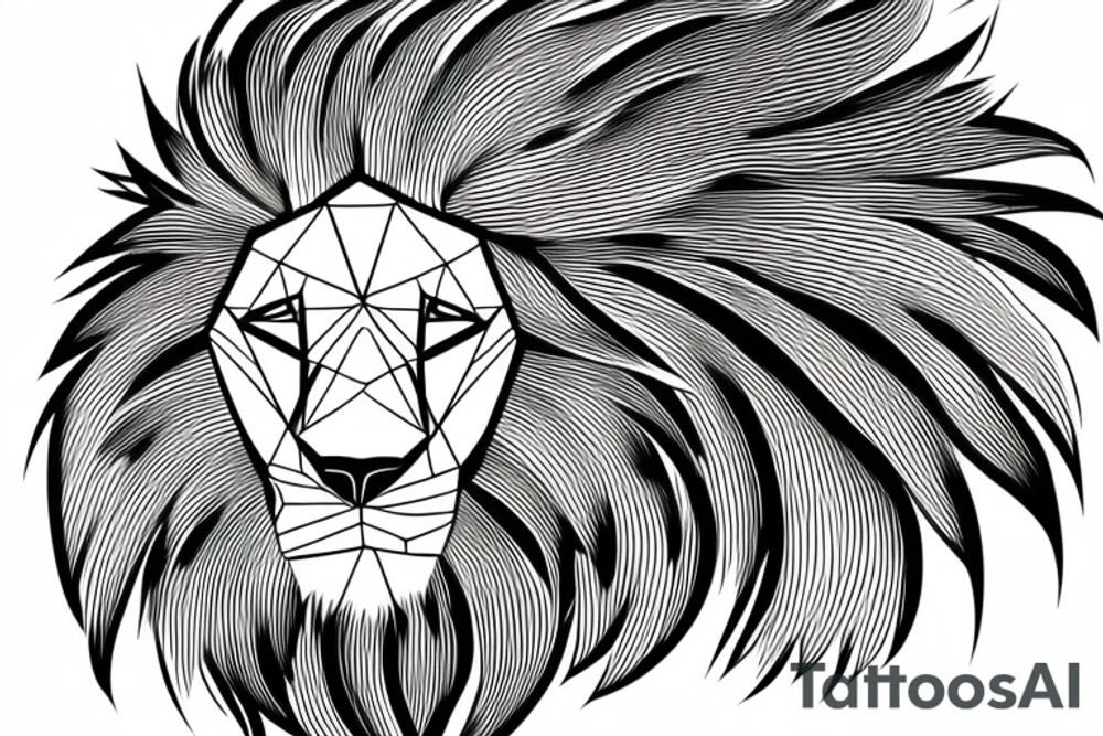 The design features a geometric lion's head, with sharp, angular lines and geometric shapes creating the impression of the lion's mane. The lion's eyes are done in a softer, more naturalistic style, to provide a contrast to the hard edges of the mane. The overall effect is a striking and unique design that combines the power and majesty of the lion with the precision and elegance of geometric art.

The tattoo will be done in black ink, with shading to create depth and dimension. It can be placed on the upper arm, the chest, or the back, depending on your preference. As a tattoo artist, I can work with you to adjust the design to your liking and ensure that it's a one-of-a-kind piece that reflects your personality and style. tattoo idea