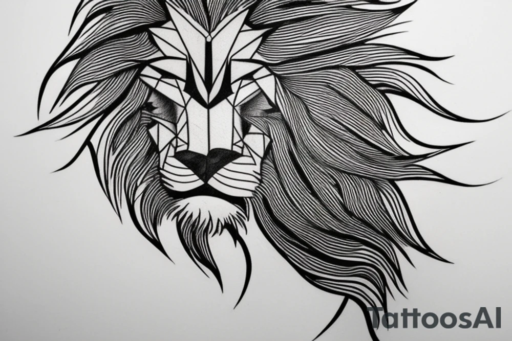 The tattoo design is a unique and modern interpretation of a lion's head. The mane is crafted with sharp, angular lines and shapes, creating a geometric and abstract feel to the tattoo. The eyes of the lion are intricately shaded, adding depth and dimension to the design. The tattoo will be done in black ink, with careful attention paid to shading and detail work to make the design truly stand out.

The placement of the tattoo can be on the upper arm, chest, or back, depending on your preference. tattoo idea