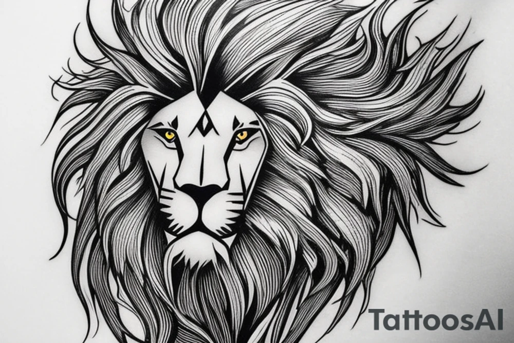 The tattoo design is a unique and modern interpretation of a lion's head. The mane is crafted with sharp, angular lines and shapes, creating a geometric and abstract feel to the tattoo. The eyes of the lion are intricately shaded, adding depth and dimension to the design. The tattoo will be done in black ink, with careful attention paid to shading and detail work to make the design truly stand out.

The placement of the tattoo can be on the upper arm, chest, or back, depending on your preference. tattoo idea