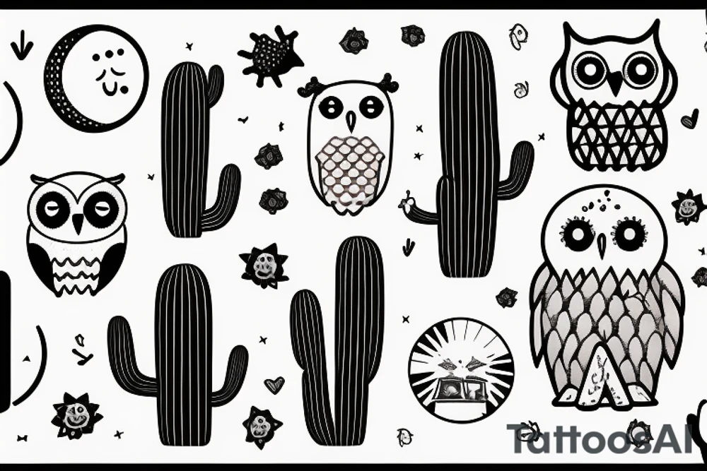 Arizona, cactus, owls, moon and sun tattoo idea