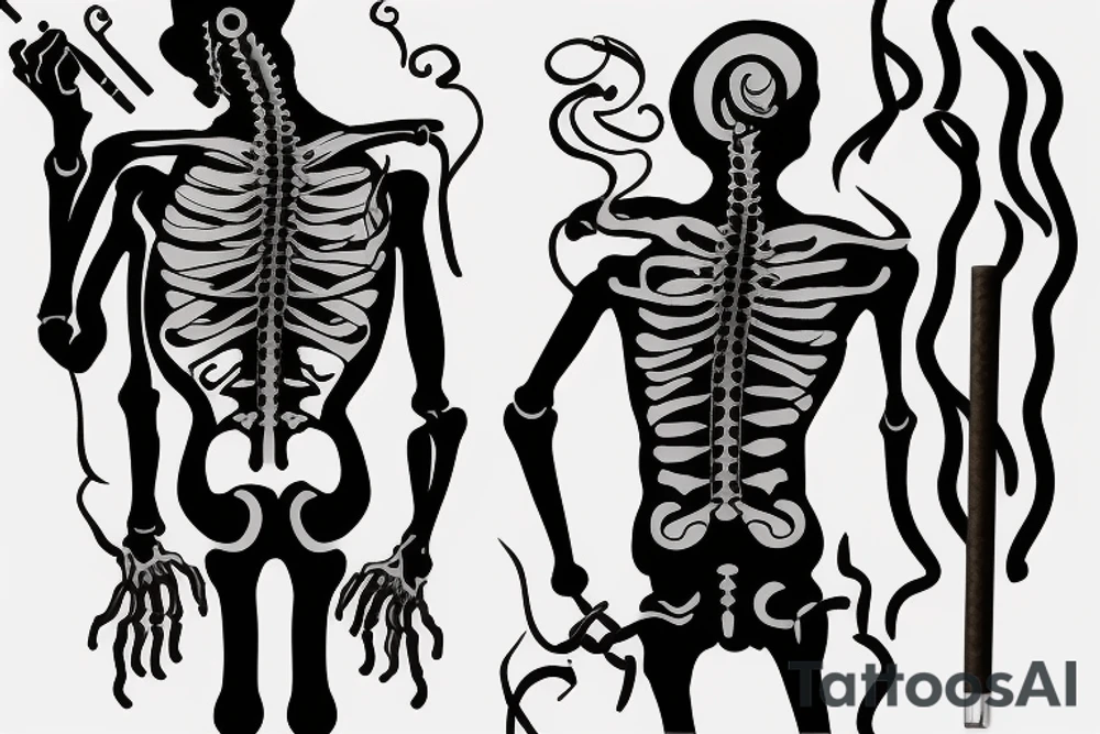 Skelton man smoking cigarette facing horizon with back turned tattoo idea