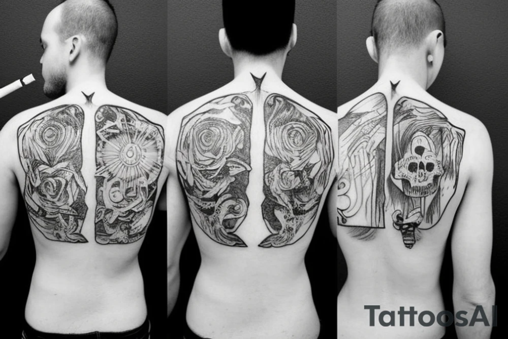 Skelton man smoking cigarette facing horizon with back turned tattoo idea