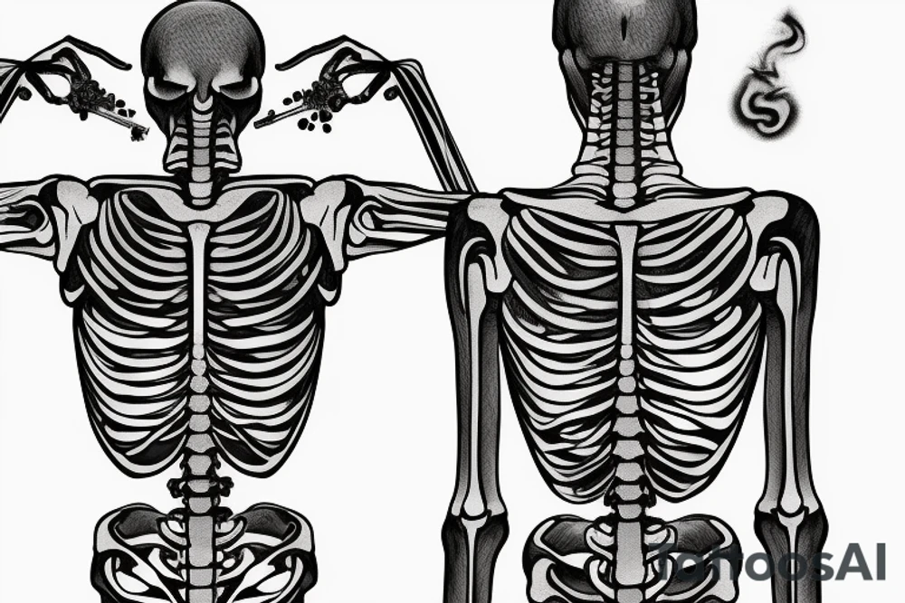 Skeleton man smoking cigarette facing horizon with back turned tattoo idea