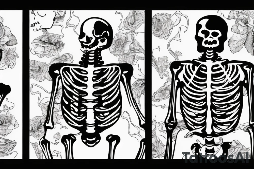 Skeleton man smoking cigarette facing horizon with back turned tattoo idea Skeleton man smoking cigarette facing horizon with back turned tattoo idea