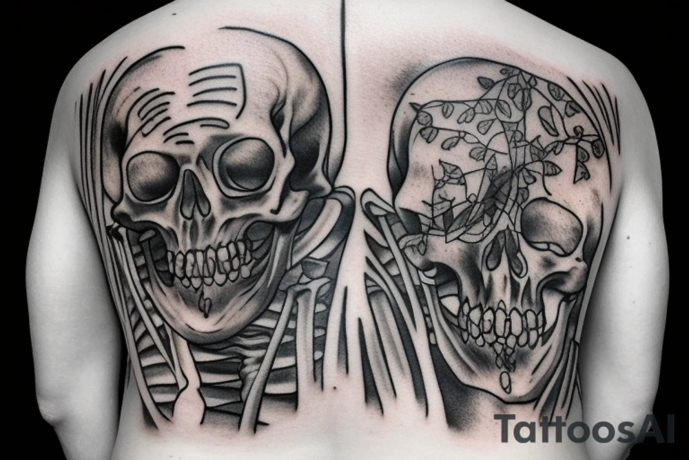 Skeleton man smoking cigarette facing horizon with back turned tattoo idea Skeleton man smoking cigarette facing horizon with back turned tattoo idea