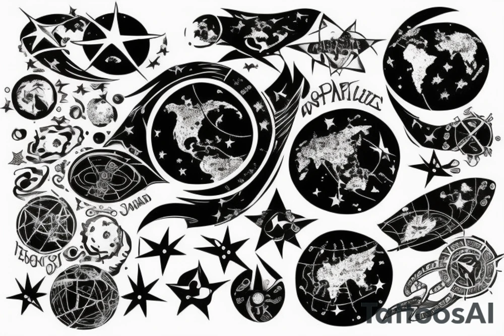 Ring of stars with world map and rays of light tattoo idea