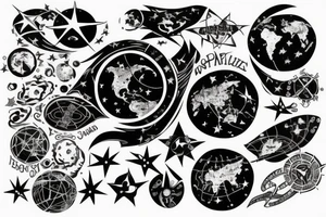 Ring of stars with world map and rays of light tattoo idea