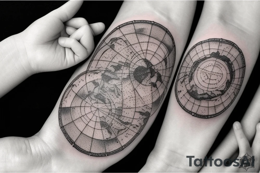 Ring of stars with world map and rays of light tattoo idea