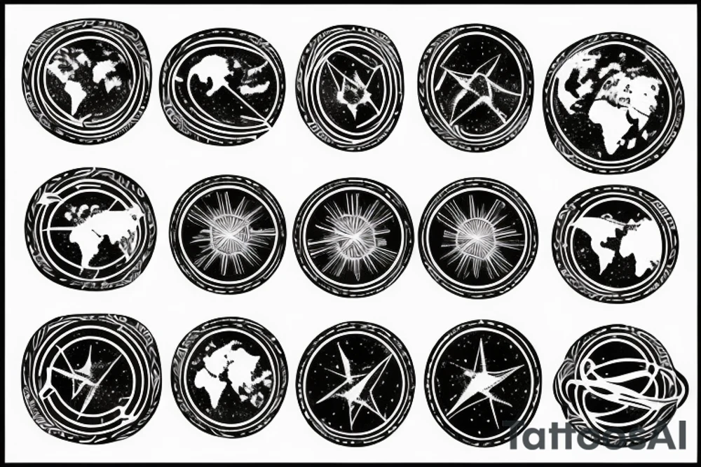 Ring of stars with world map and rays of light tattoo idea