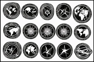 Ring of stars with world map and rays of light tattoo idea