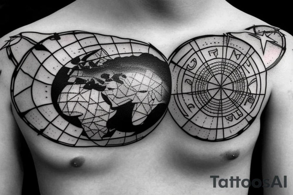Ring of stars with world map and rays of light tattoo idea