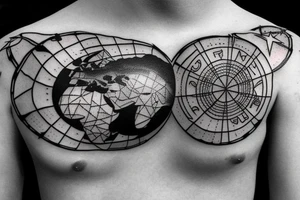 Ring of stars with world map and rays of light tattoo idea