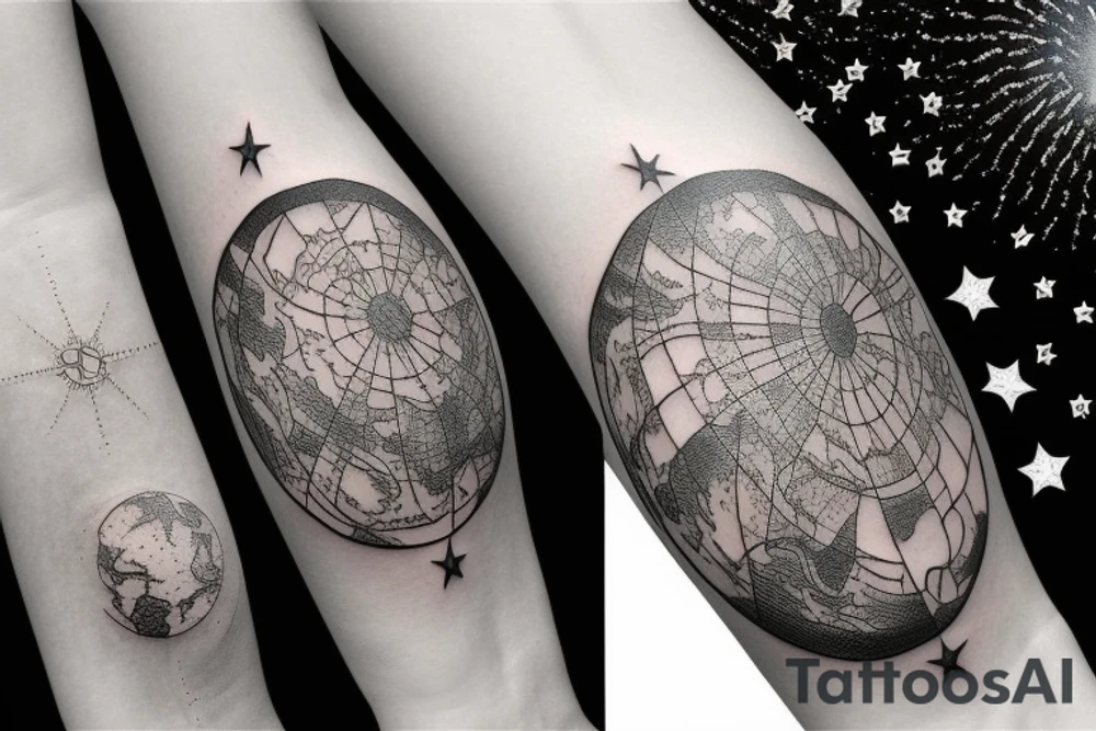 Ring of stars with world map and rays of light tattoo idea