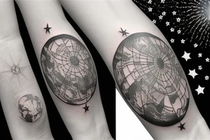 Ring of stars with world map and rays of light tattoo idea