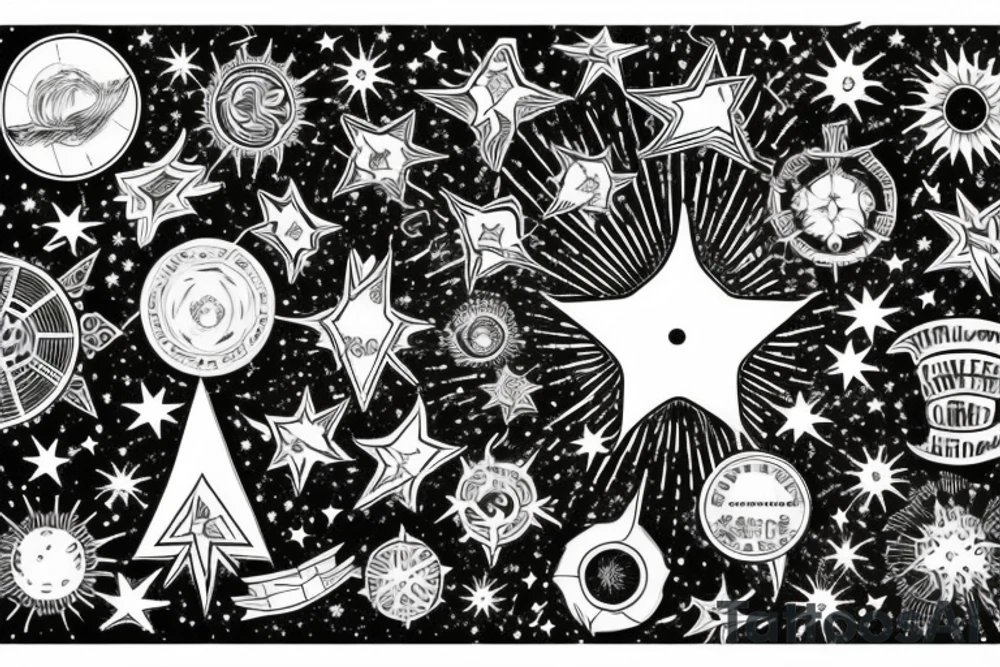 Ring of stars with world map and rays of light tattoo idea