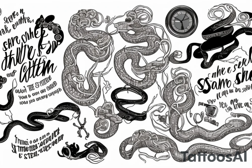 Snake wrapped with the lyrics "Beneath the stains of time, the feelings disappear. You are someone else, I am still right here" tattoo idea