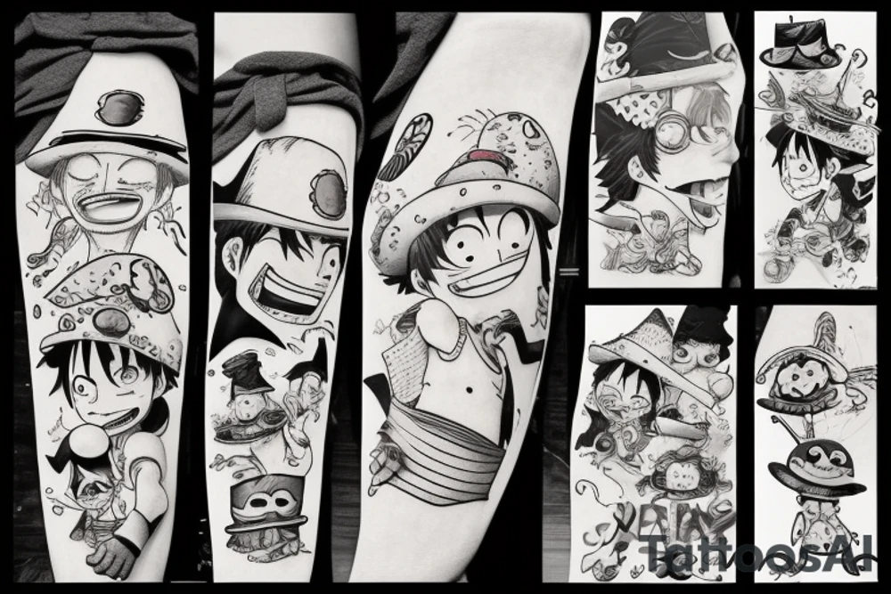 Happy volant avec un chapeau de luffy tenant des poissons dans ses pattes tattoo idea