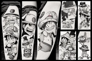 Happy volant avec un chapeau de luffy tenant des poissons dans ses pattes tattoo idea