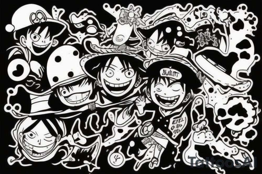 Happy volant avec un chapeau de luffy tenant des poissons dans ses pattes tattoo idea