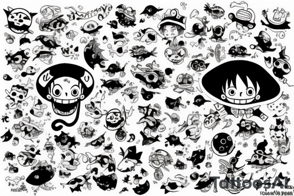 Chat Happy volant avec un chapeau de luffy tenant des poissons dans ses pattes tattoo idea