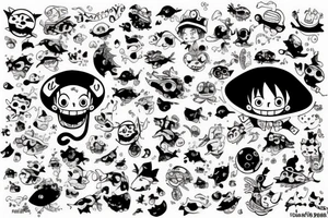 Chat Happy volant avec un chapeau de luffy tenant des poissons dans ses pattes tattoo idea
