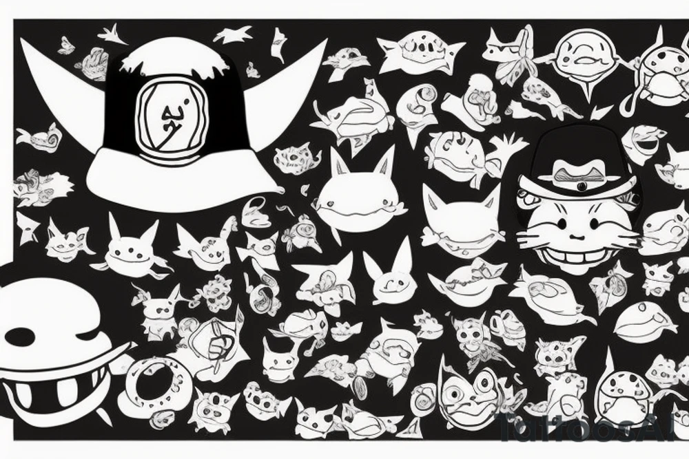 Chat Happy volant avec un chapeau de luffy tenant des poissons dans ses pattes tattoo idea