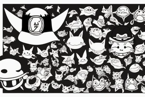 Chat Happy volant avec un chapeau de luffy tenant des poissons dans ses pattes tattoo idea