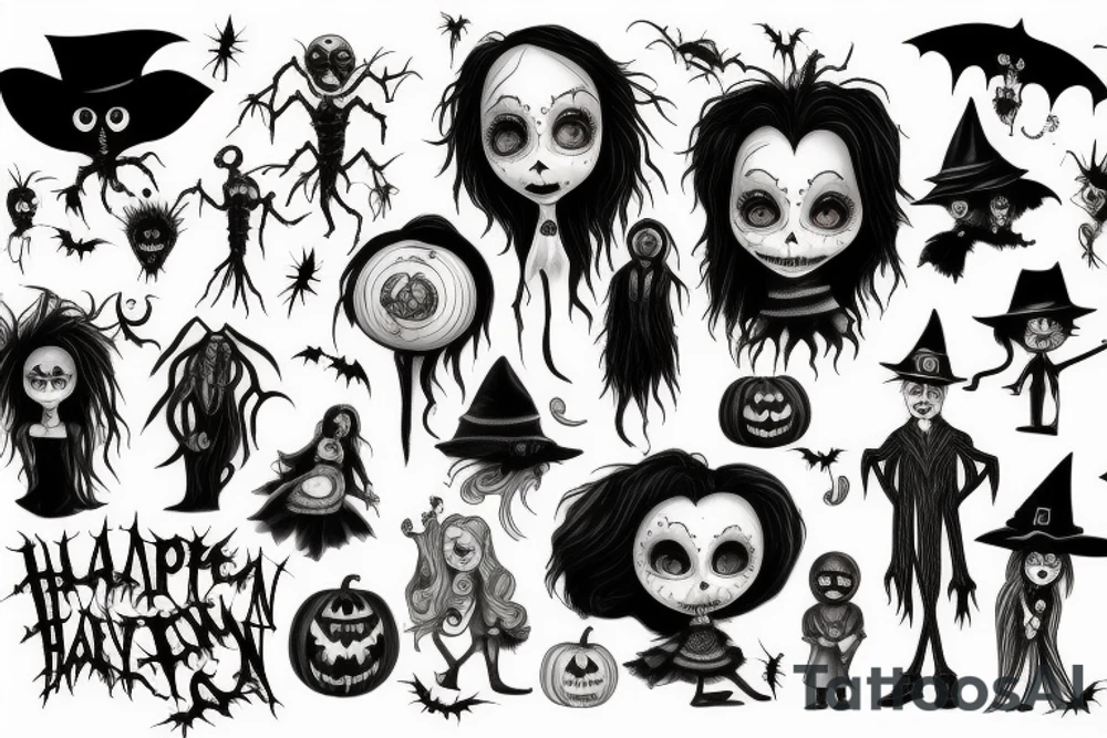 Tim Burton's movie characters in Halloween Town tattoo idea