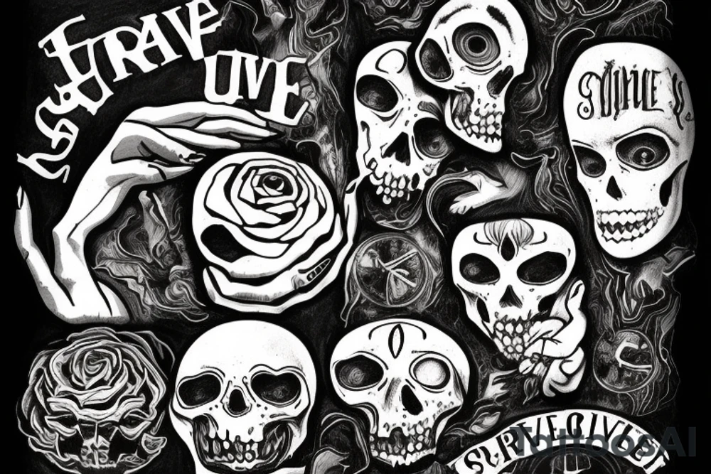 Artistic representation of my love for drawing, painting, photography, vintage cameras and the macabre with the quote, "Create to Survive." tattoo idea