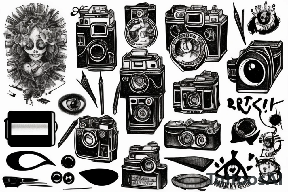 Artistic representation of my love for drawing, painting, photography, vintage cameras and the macabre with the quote, "Create to Survive." tattoo idea