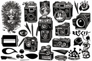 Artistic representation of my love for drawing, painting, photography, vintage cameras and the macabre with the quote, "Create to Survive." tattoo idea